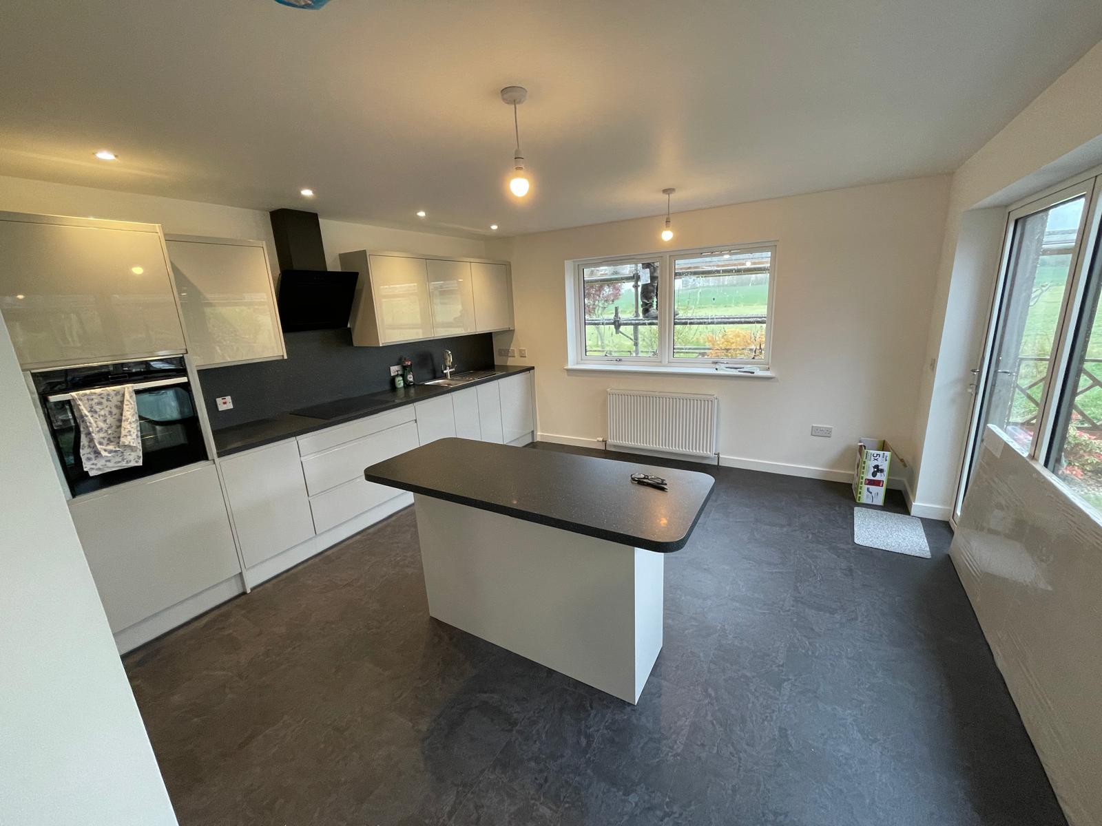White gloss kitchen with black accents