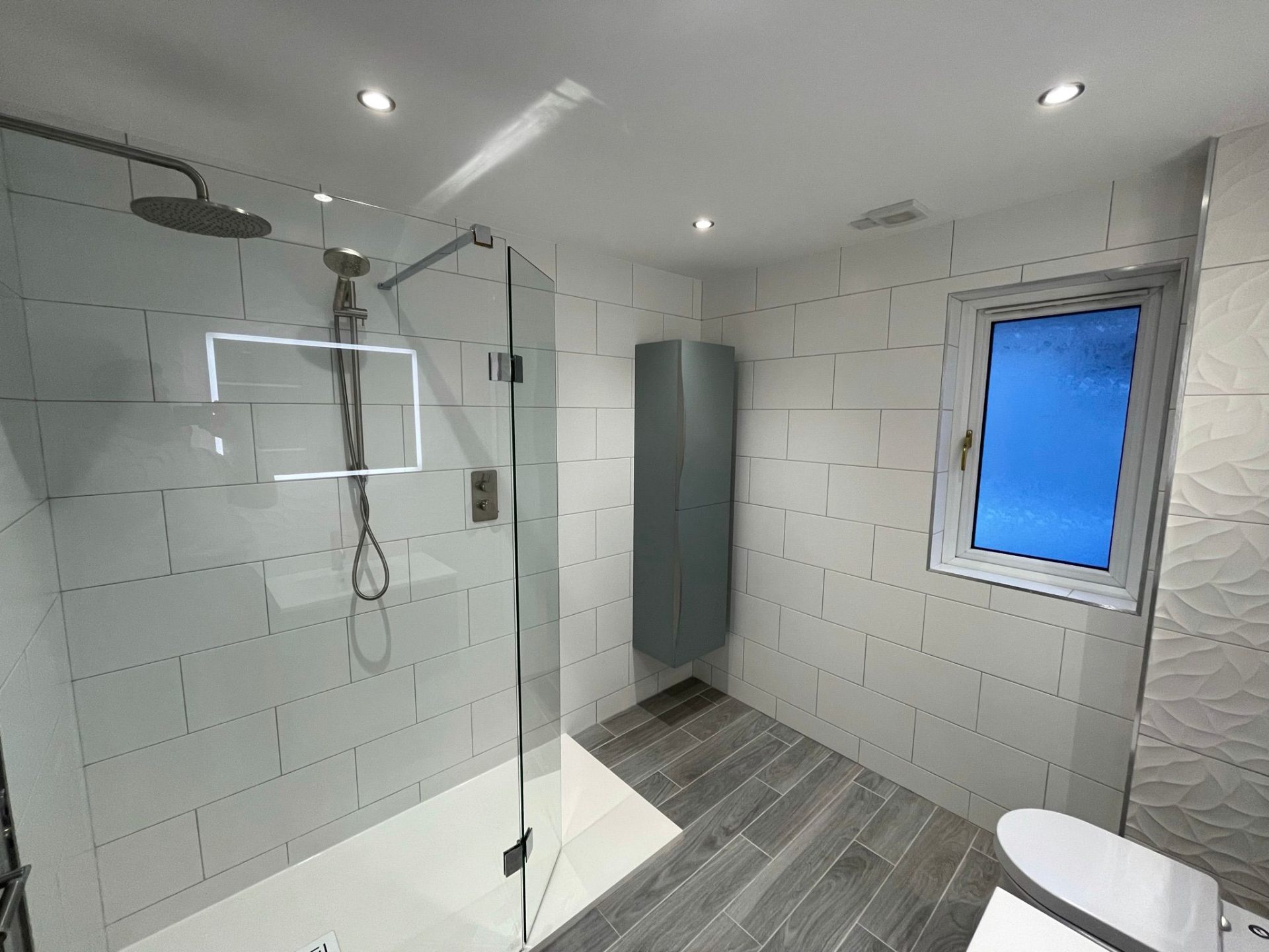 Walk-in shower with glass screen and rainfall showerhead