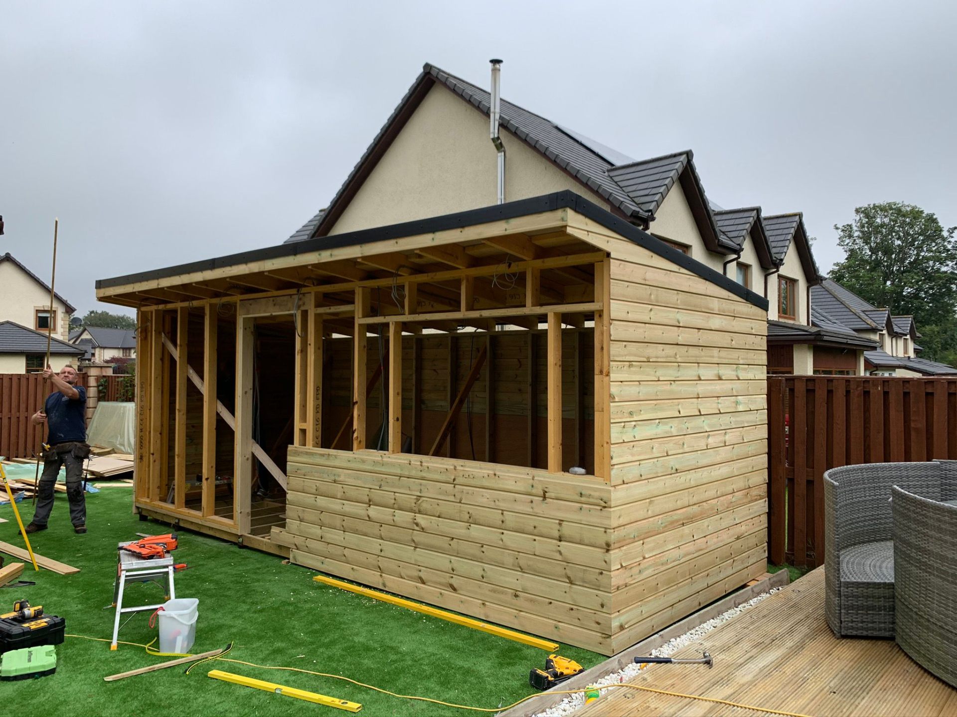 Garden room timber frame build in progress in Perth