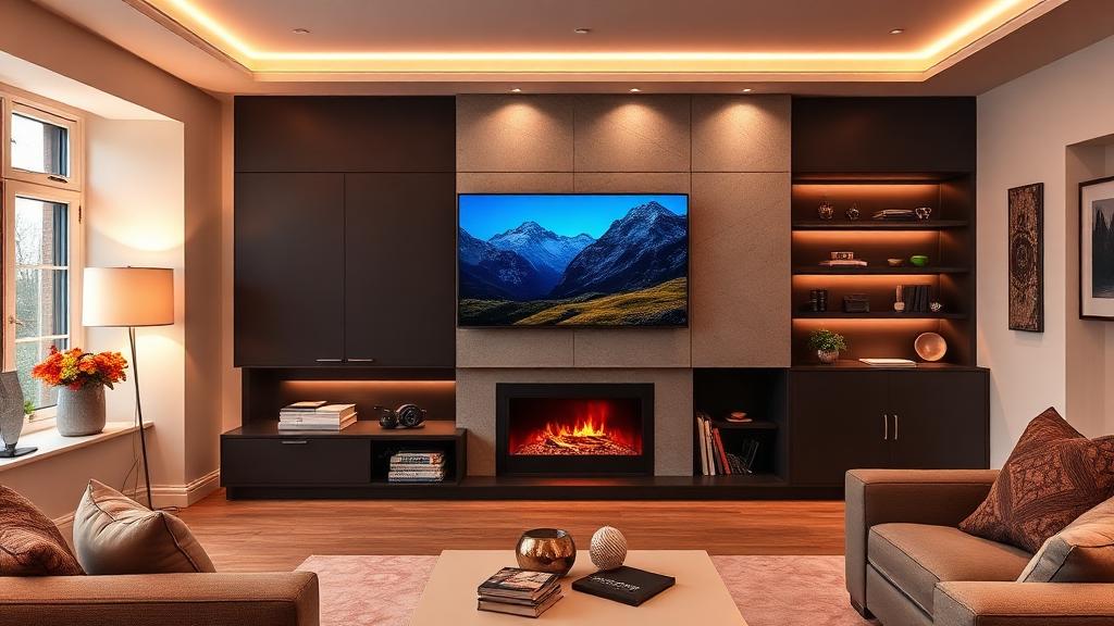 Custom media wall with LED lighting and wood panelling in Perth living room